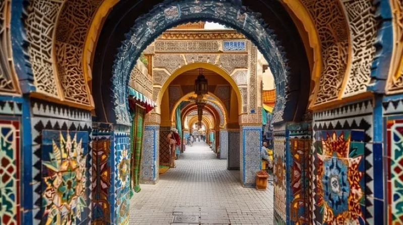 Vibrant tile work showcasing intricate patterns in the souk of Marrakech, Morocco, reflecting the region's rich cultural heritage while MOROCCAN JEWISH HERITAGE