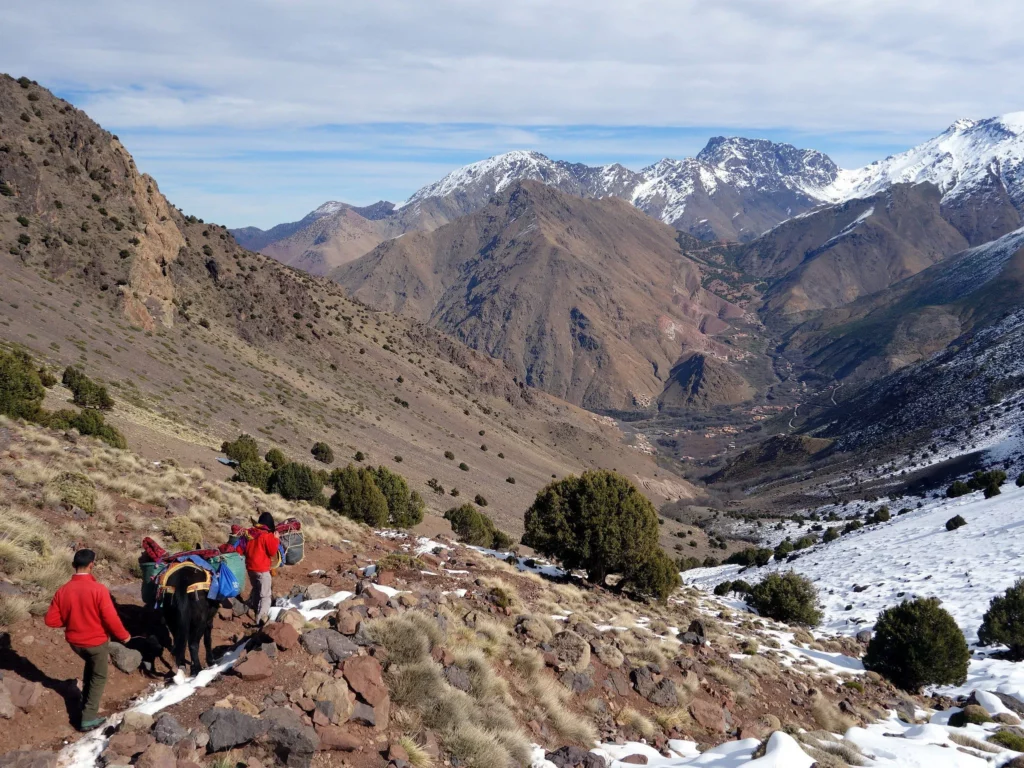 Hikers traversing the scenic trails of the Atlas Mountains, surrounded by stunning landscapes and natural beauty Tizi Oussem Day Trip