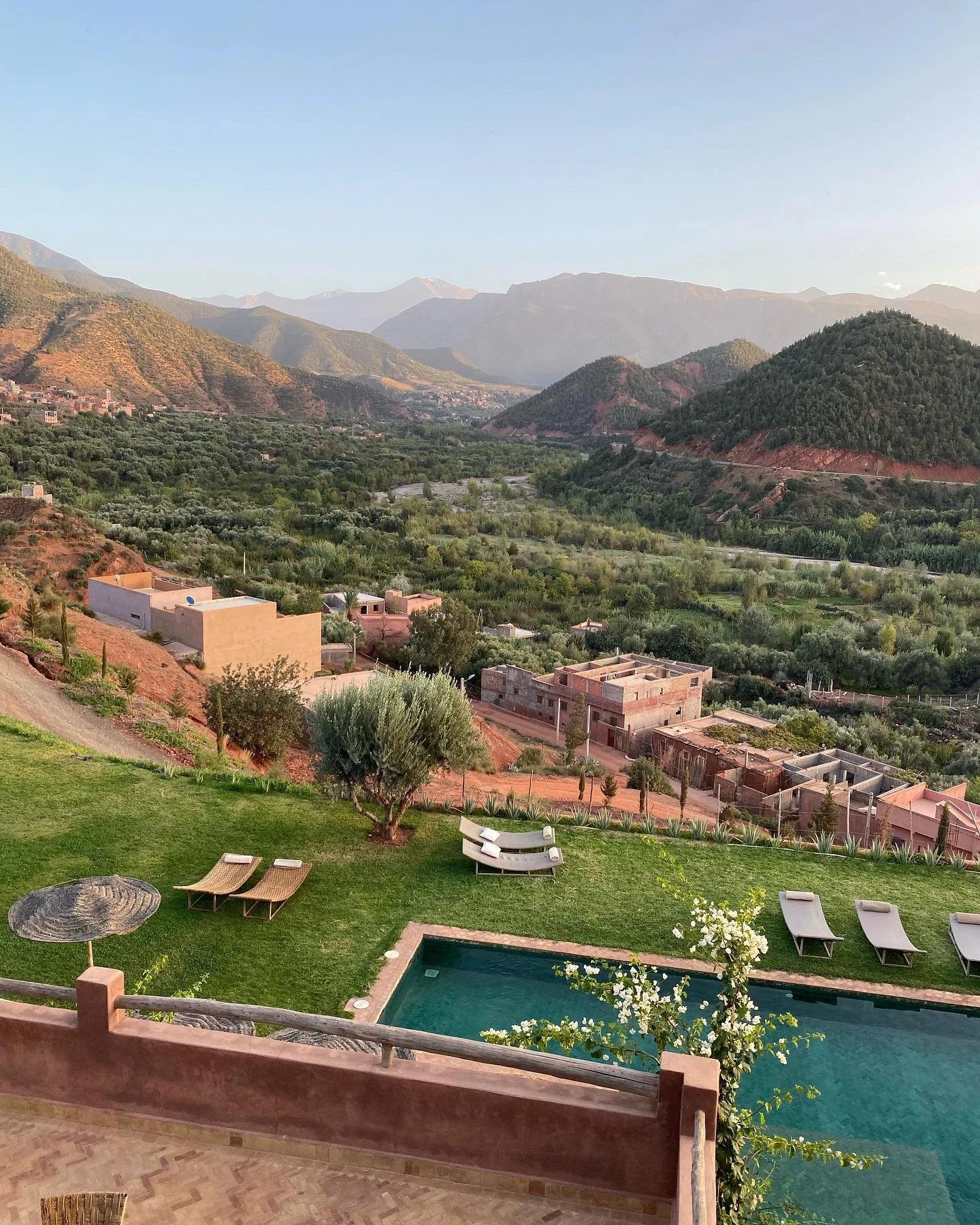Ourika Valley landscape — green hillsides and Berber villages in the Atlas Mountains