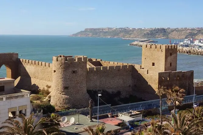 A castle surrounded by palm trees with the ocean in the background, showcasing a tropical coastal landscape. Safi Pottery