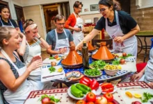 A diverse group of people enjoying a meal together around a table filled with various dishes and drinks. Moroccan Cooking Class