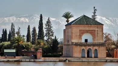 A building beside a pond with mountains rising in the background under a clear blue sky. Bird Watching at Menara Gardens