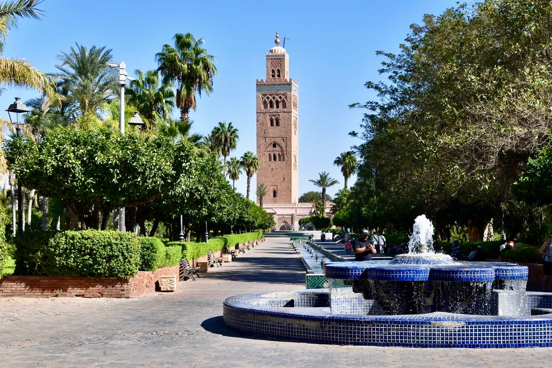 A fountain surrounded by palm trees in a lush park setting, creating a serene and inviting atmosphere on a gallery of the Marrakech Photography Tour.
