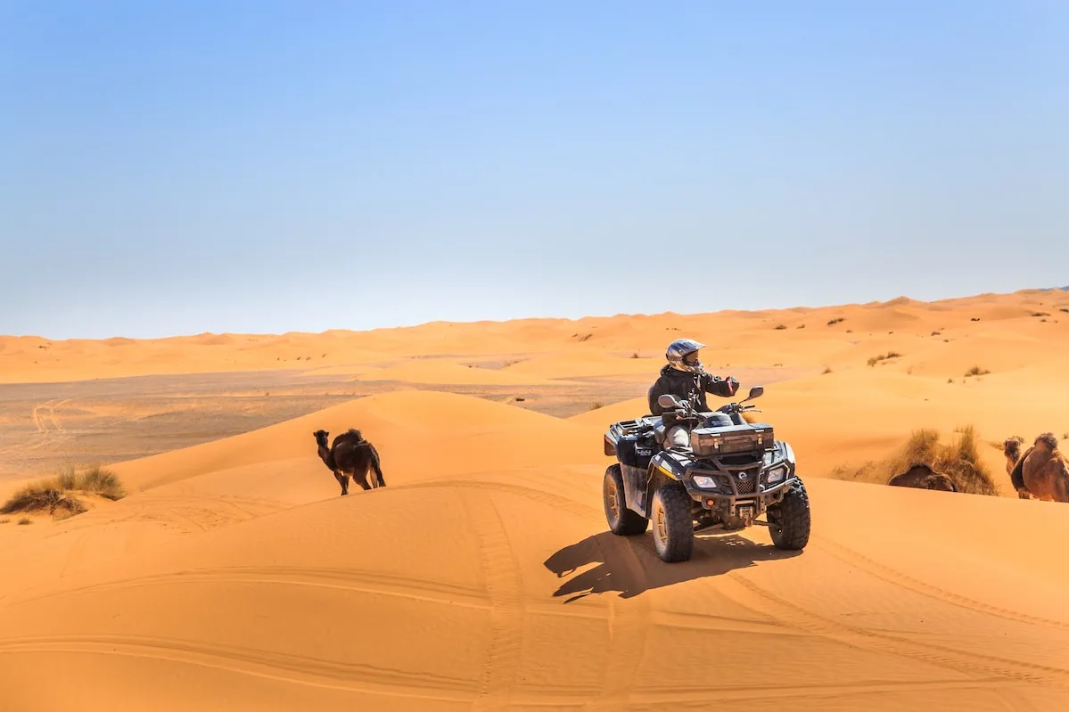 A man riding an ATV through a vast desert landscape under a clear blue sky.6 Days Tangier to Desert via Fes