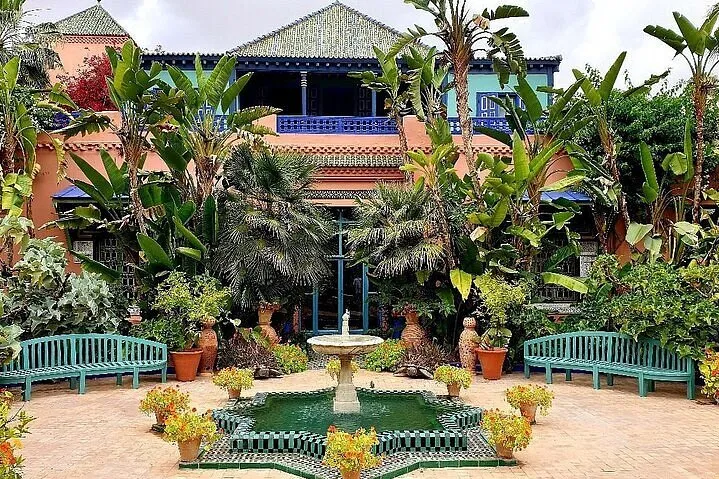 Majorelle Garden cobalt blue villa and exotic plants in Marrakech