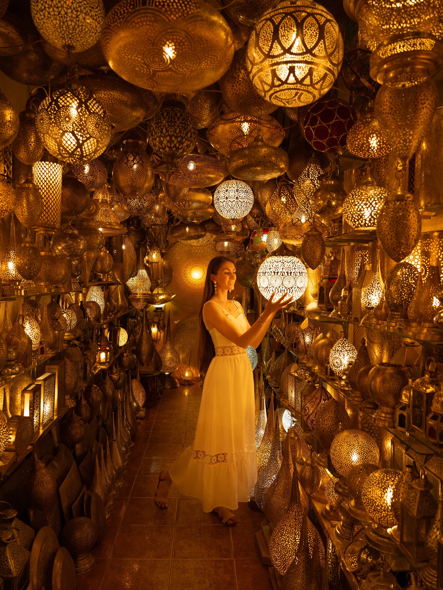 Traditional Moroccan brass lanterns in Marrakech souk - perfect subject for Morocco photography tour