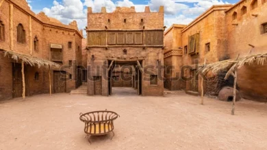 An old desert village featuring a wooden chair beside a weathered door, showcasing rustic architecture and arid surroundings.