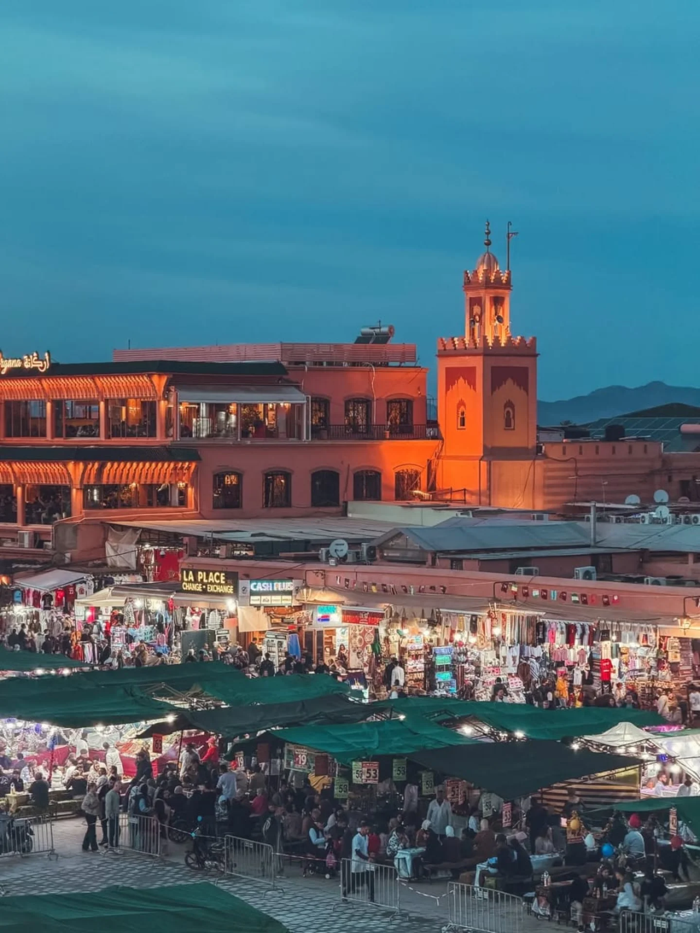 Jemaa el-Fnaa square in Marrakech at dusk — UNESCO Masterpiece of Intangible Cultural Heritage