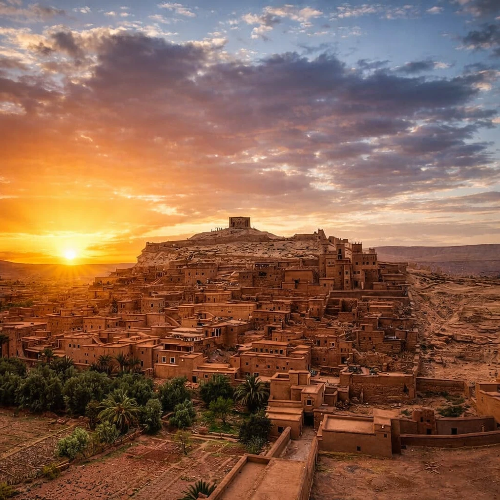 Aït Ben Haddou kasbah sunset with mudbrick buildings illuminated in golden hour light