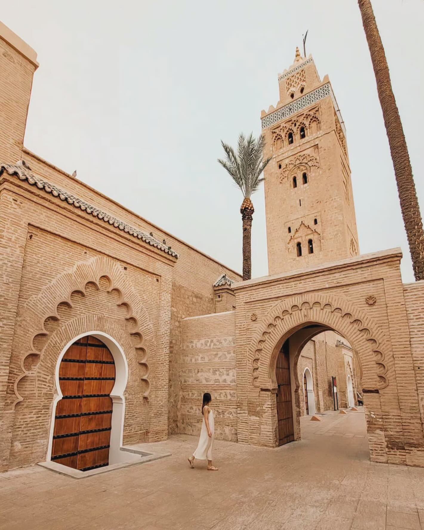 Koutoubia Mosque minaret Marrakech at sunset — the city's most iconic landmark