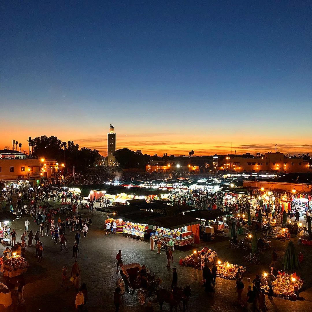 Traditional Moroccan lanterns and architecture in Marrakech medina at night