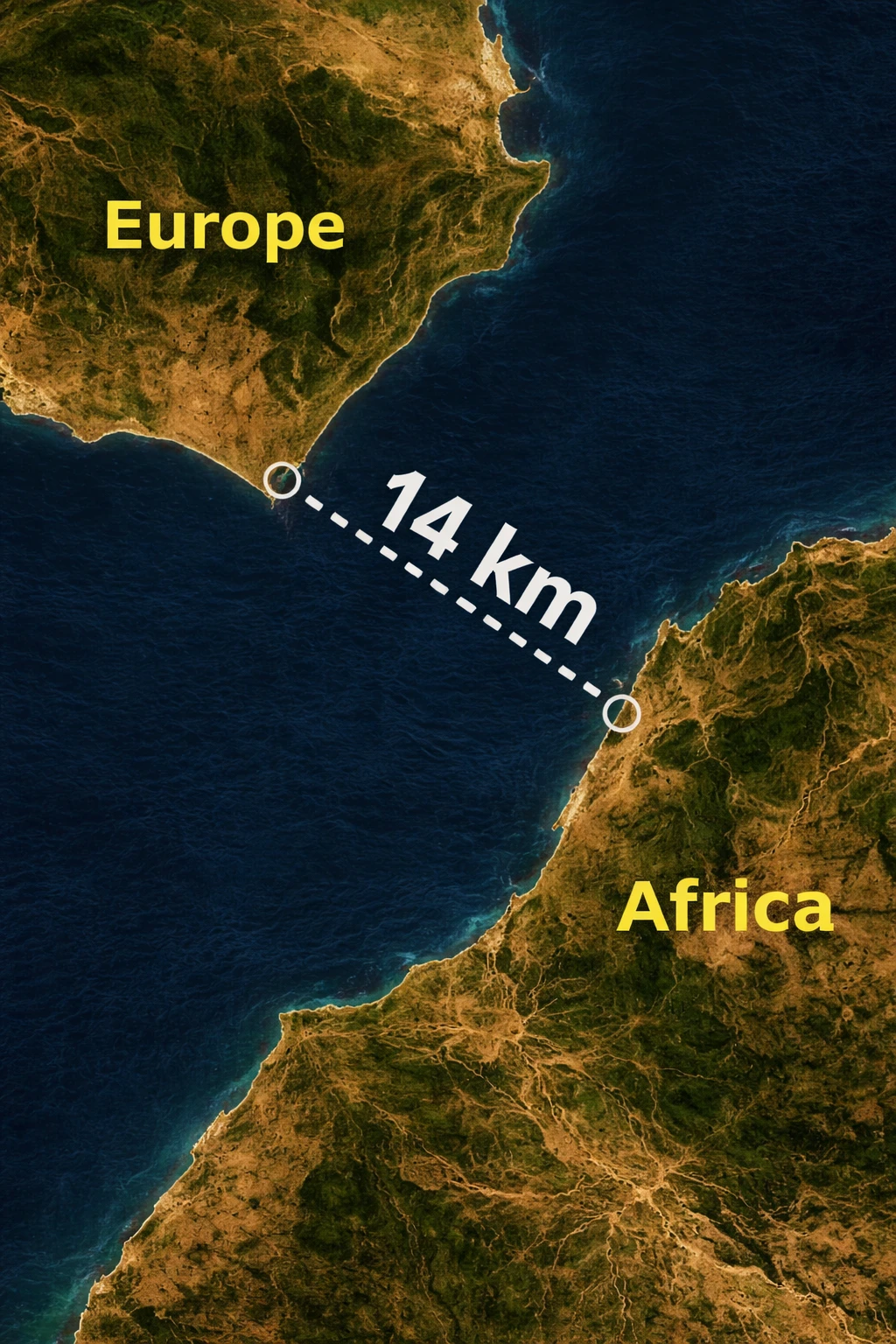 Morocco Europe distance map — showing the Strait of Gibraltar and distances from Morocco to Spain, France, Portugal and other European countries