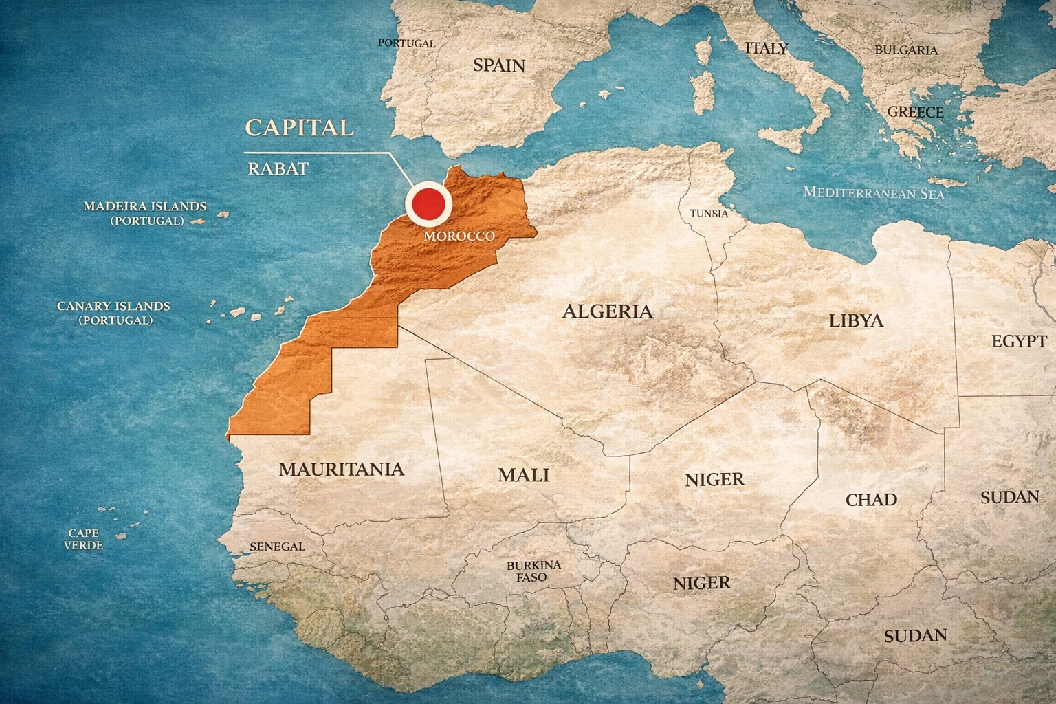 Morocco map showing major cities, mountain ranges, desert regions, and coastlines — complete geographic overview of the Kingdom of Morocco