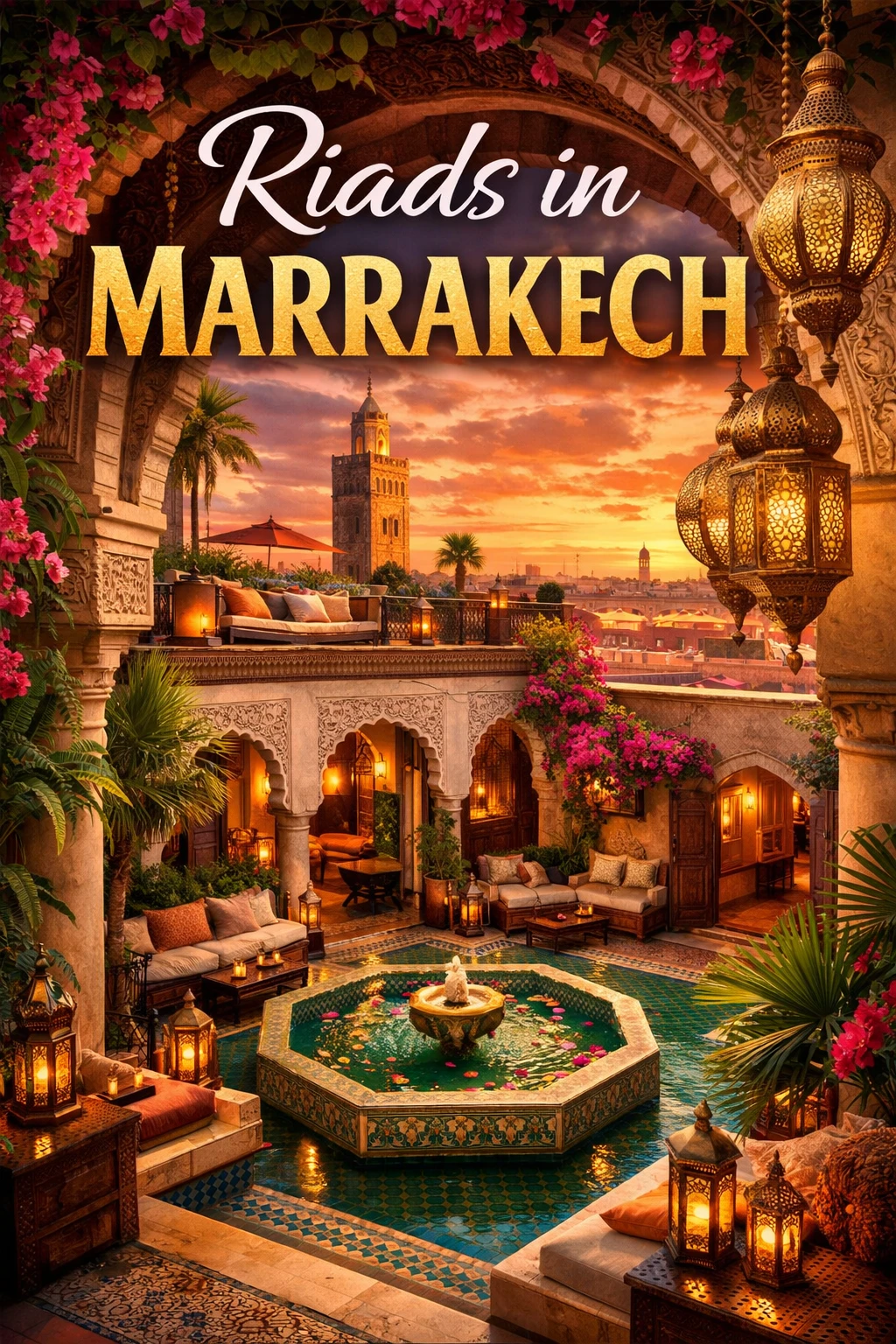 Traditional Marrakech riad courtyard with fountain and zellige tiles