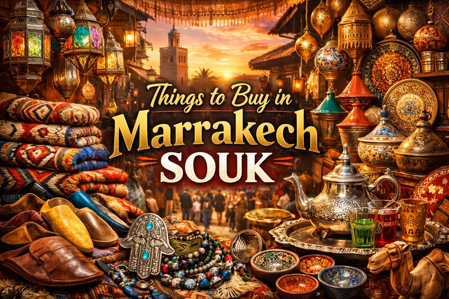 Vibrant products and traditional items displayed in Marrakech souk marketplace
