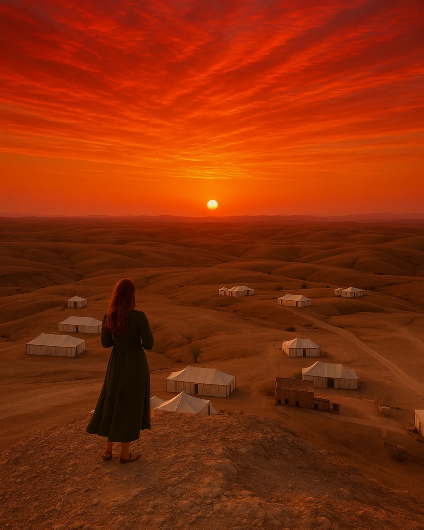 Agafay desert camp near Marrakech at sunset in autumn