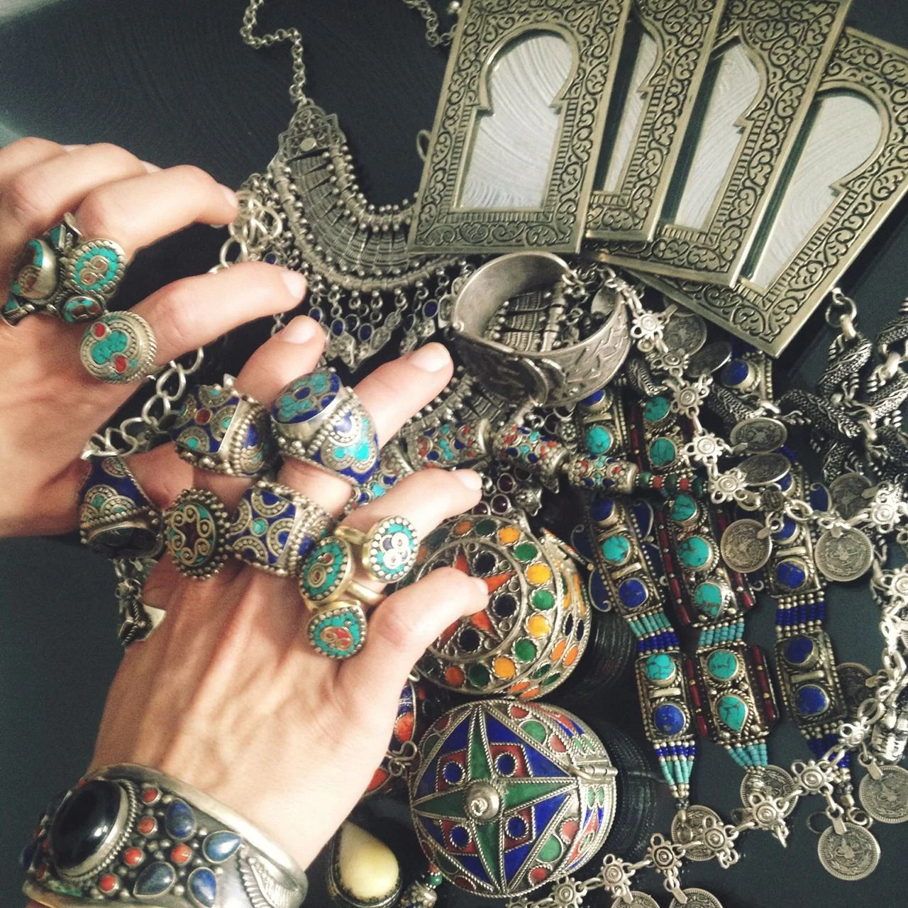 Traditional Berber silver jewelry in Marrakech souk
