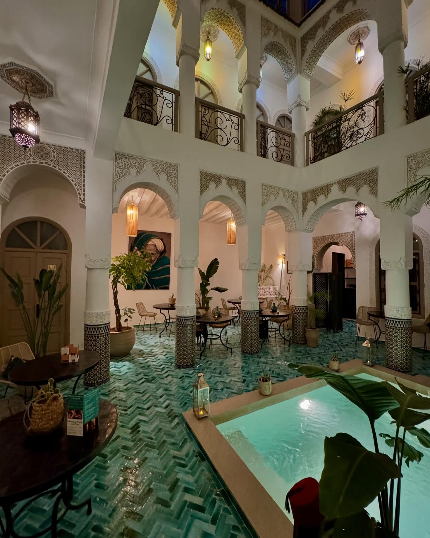 Riad in Marrakech with turquoise pool in summer