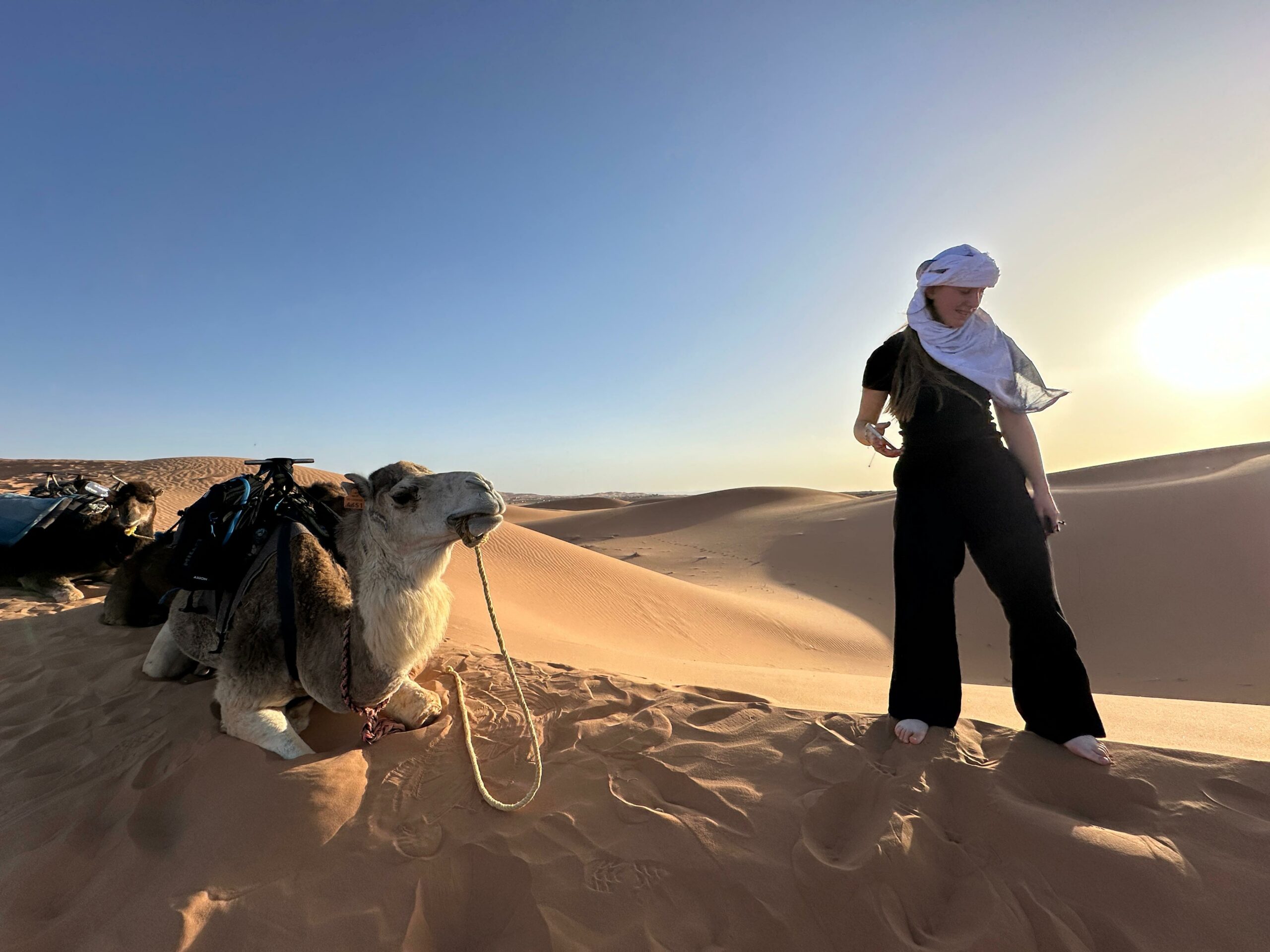 Camel trekking Sahara desert sunset Morocco Merzouga