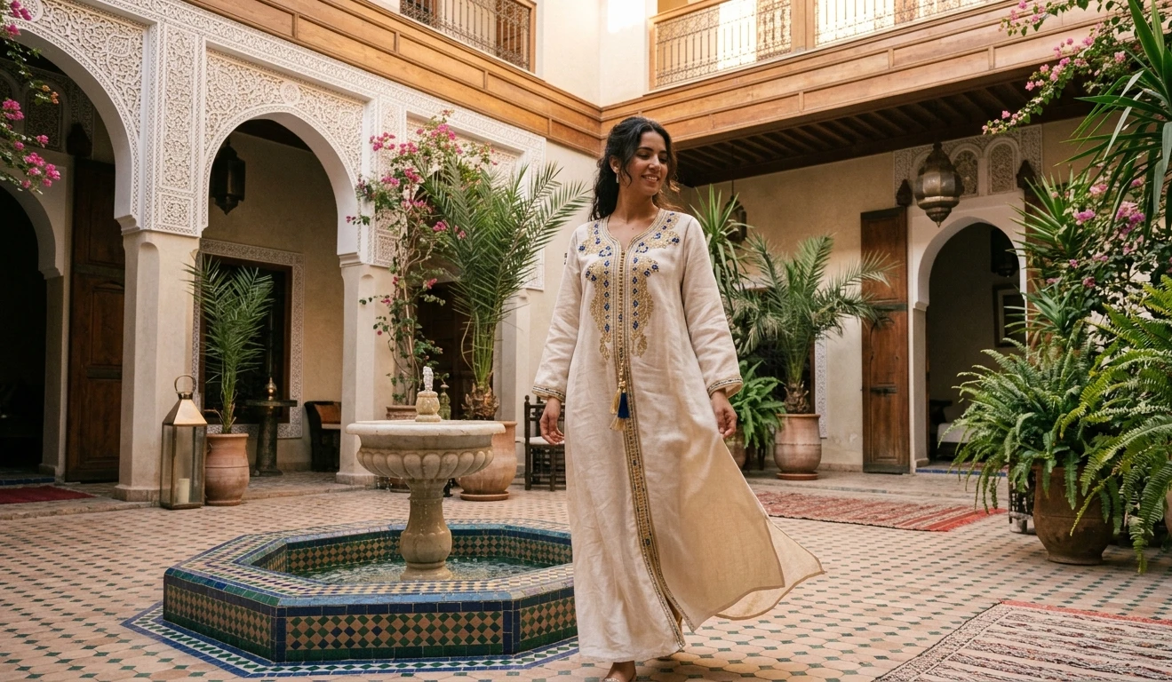 Elegant woman wearing a flowing linen kaftan in a Moroccan riad courtyard