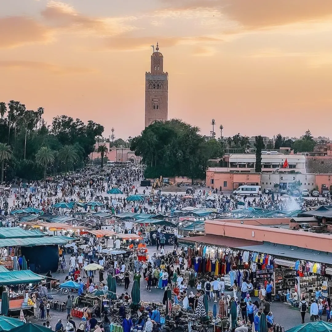 Evening view over Marrakech medina and Koutoubia Mosque