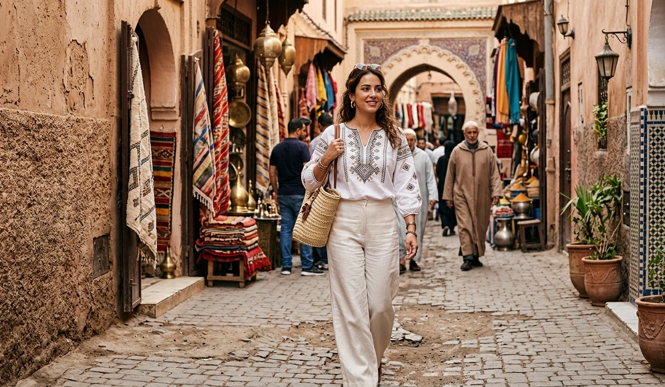 Stylish woman in a wide-leg linen trouser and embroidered blouse walking through a Moroccan medina