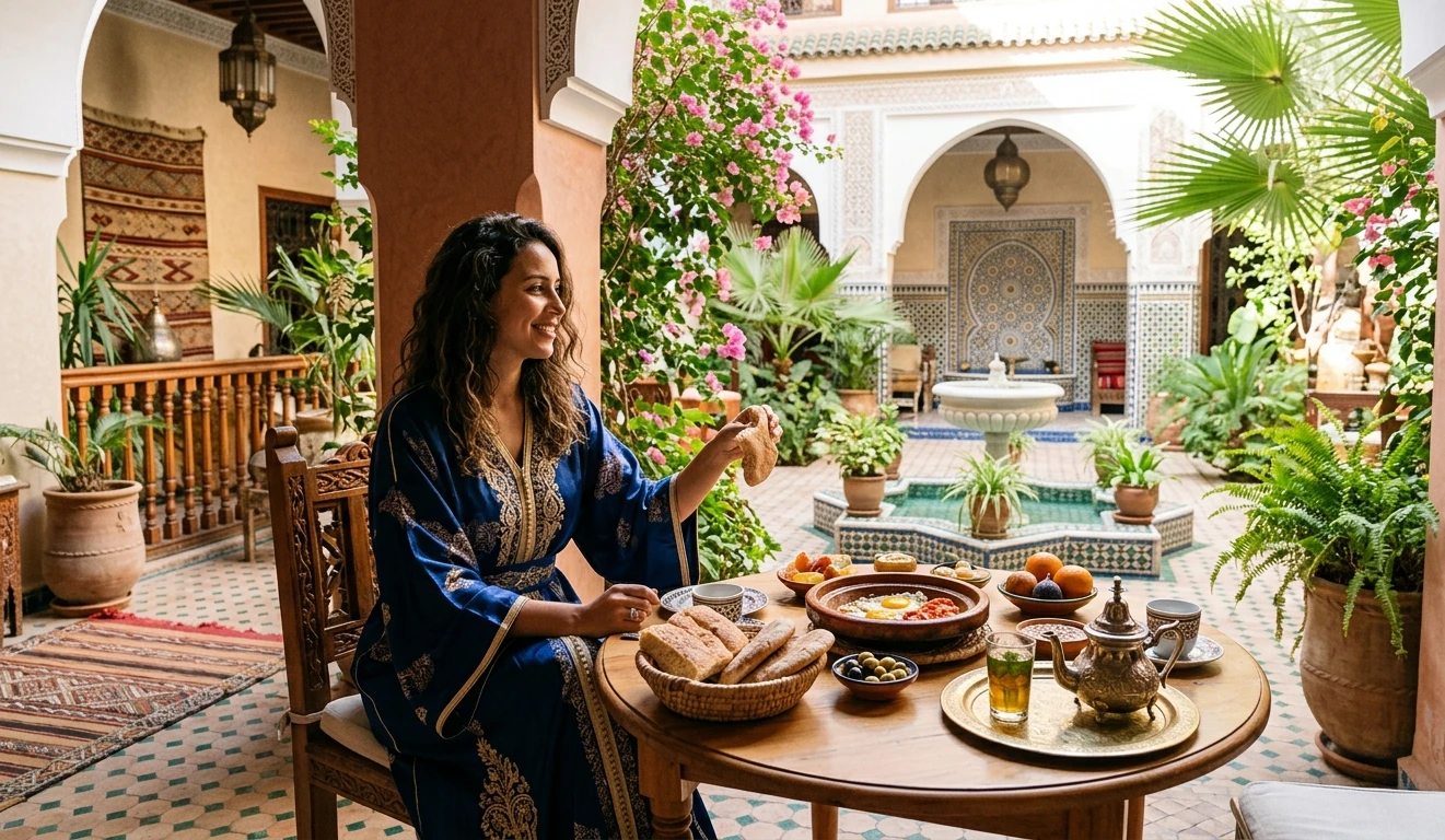 Woman in a flowing silk robe enjoying breakfast in a Marrakech riad courtyard