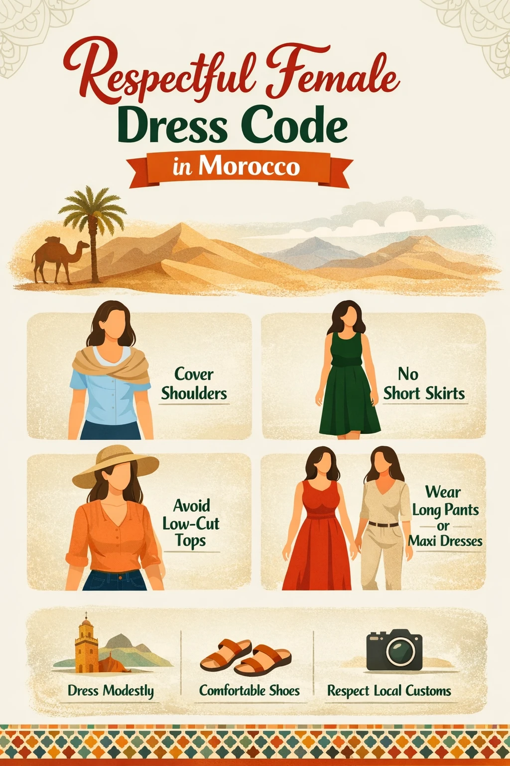 Infographic: Respectful Female Dress Code in Morocco &mdash; what to wear in Morocco for women visual guide