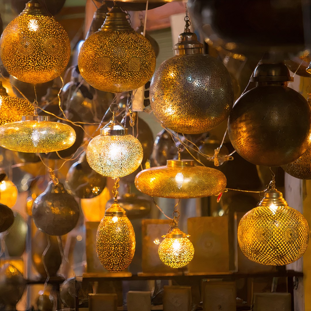 Traditional Moroccan lanterns with coloured glass panels