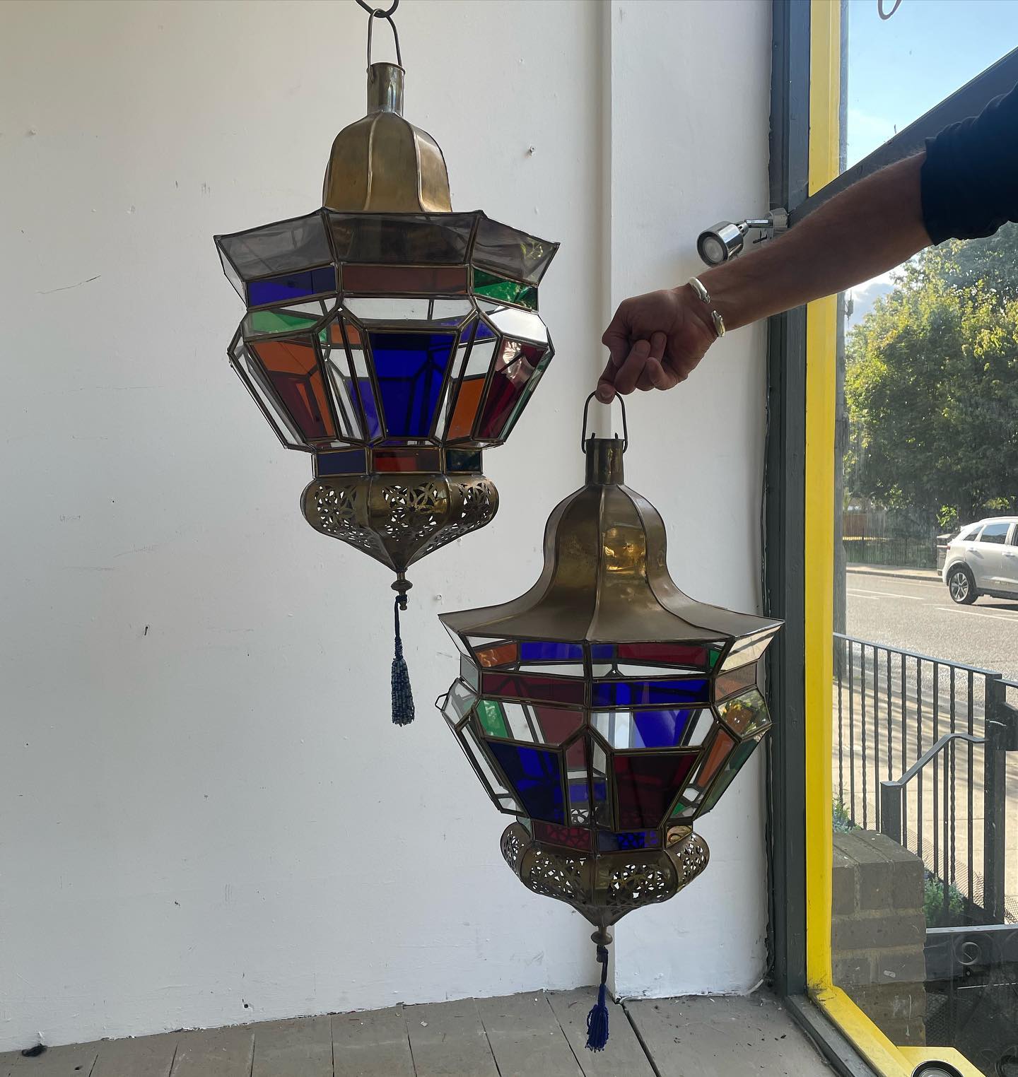 Brass Moroccan lamp cluster in a riad interior