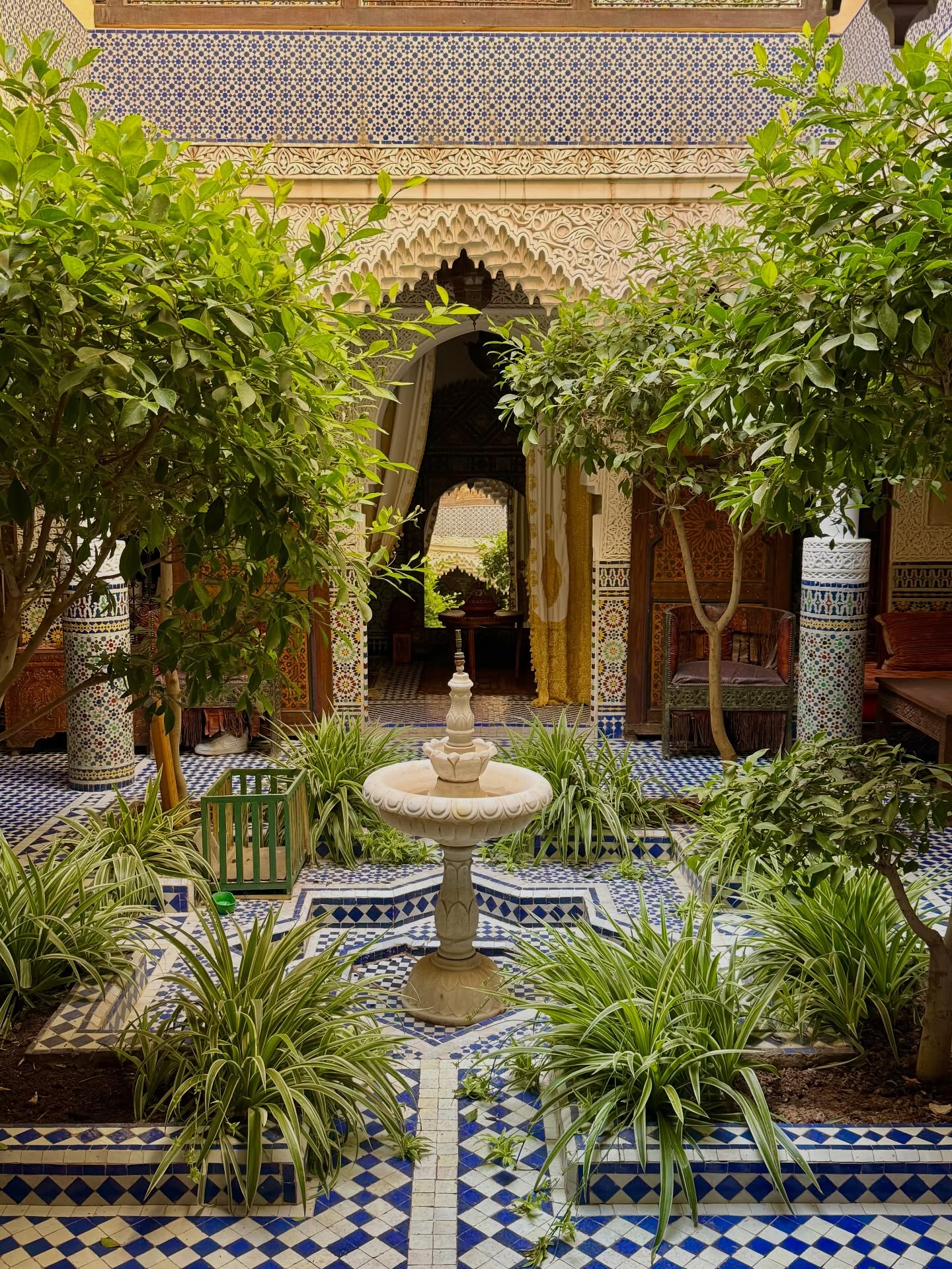 Traditional riad in Morocco with central courtyard and fountain