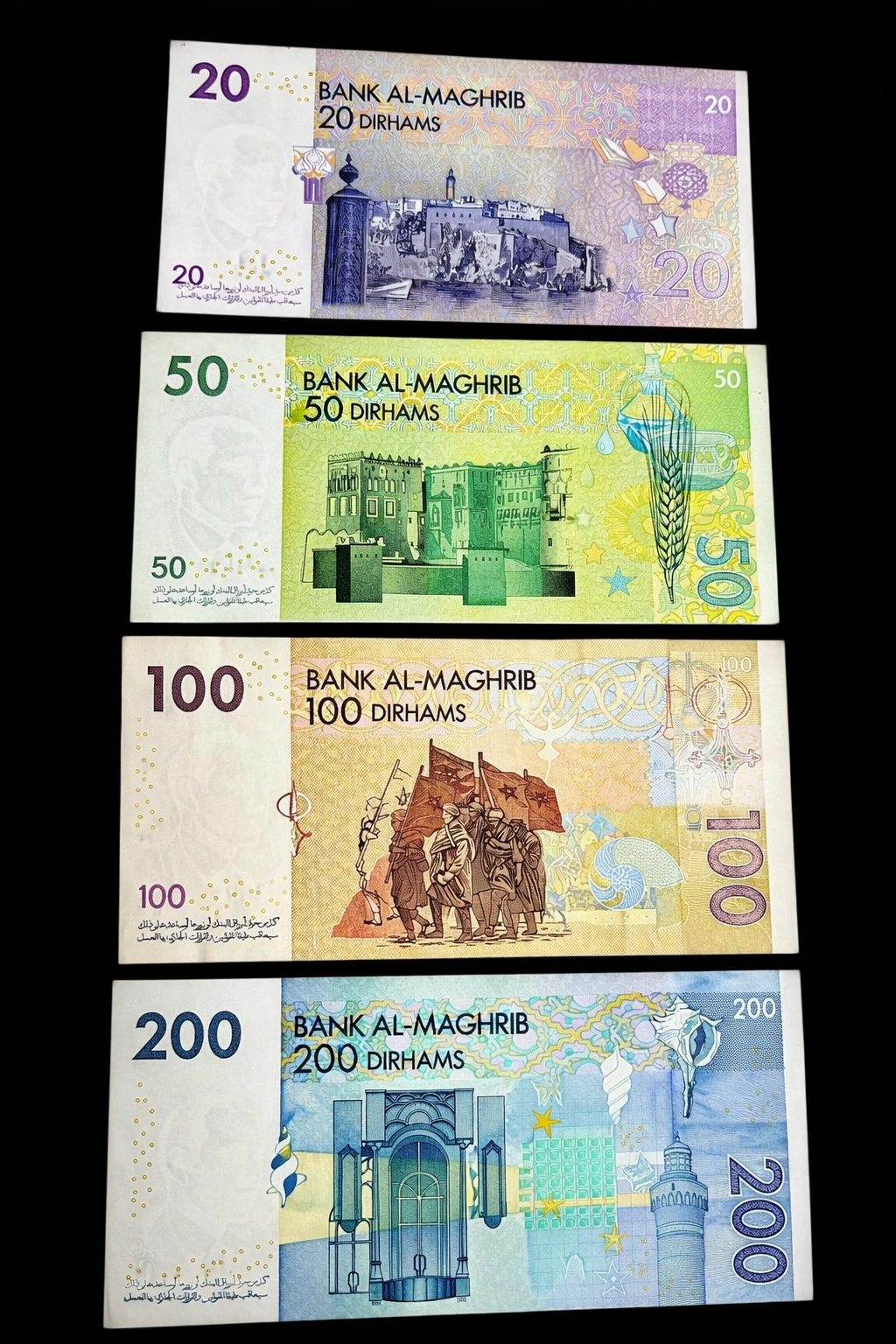 Billetes de dirham marocain recto — monnaie du Maroc MAD série 2023