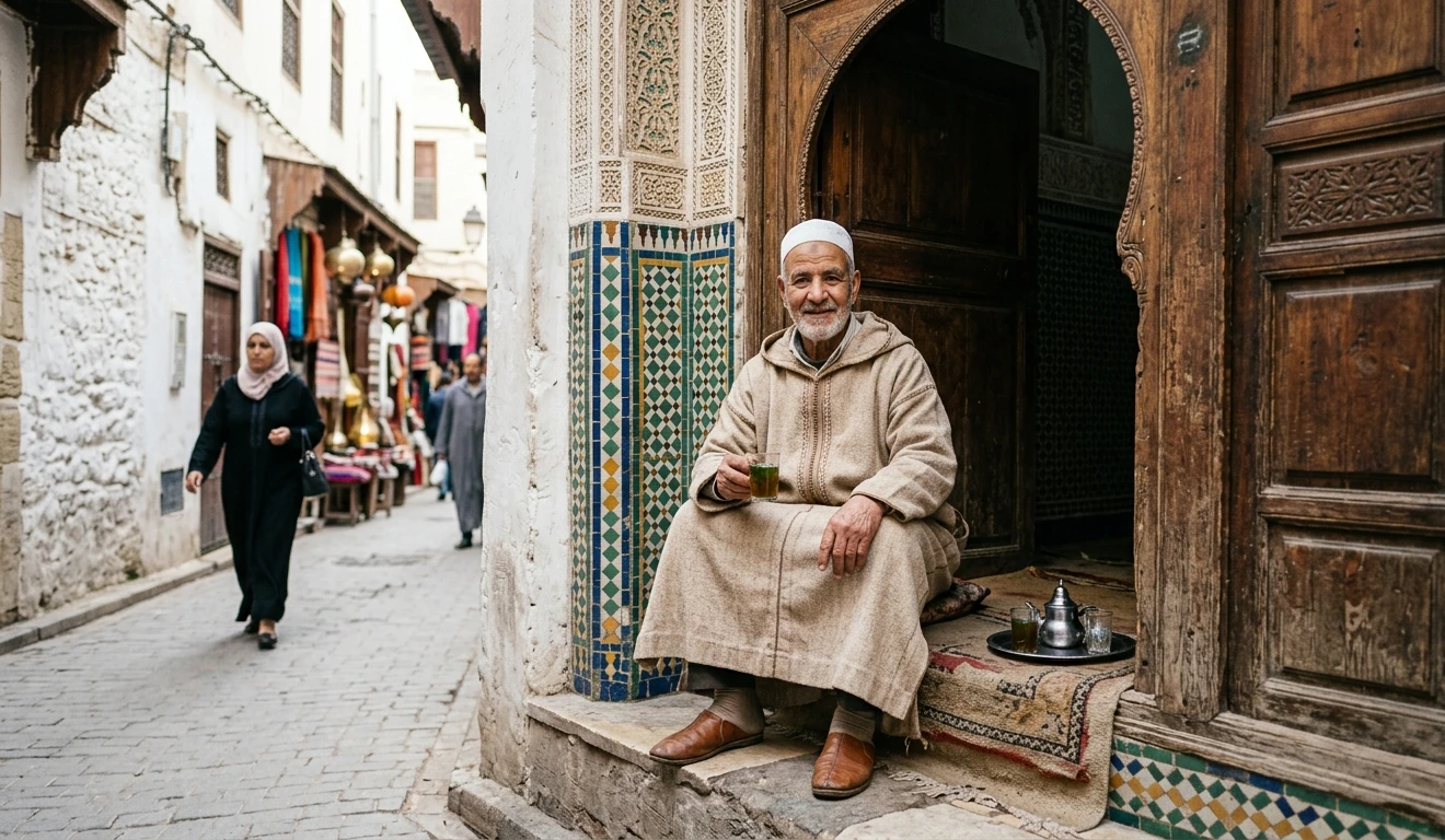 Un homme marocain en djellaba traditionnelle assis dans une embrasure de porte