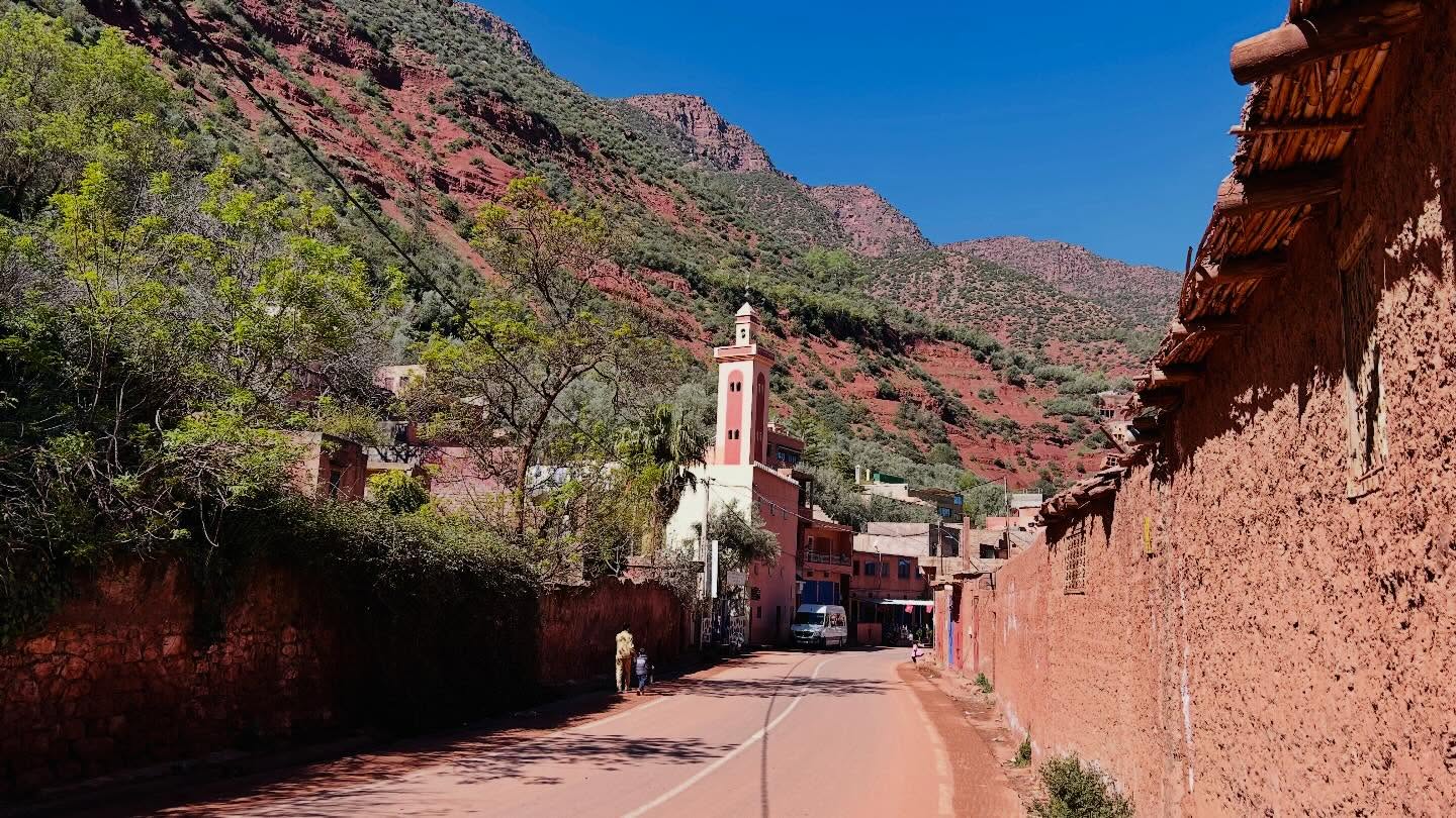 Imlil village with snow-capped Toubkal peaks in the High Atlas Mountains Morocco