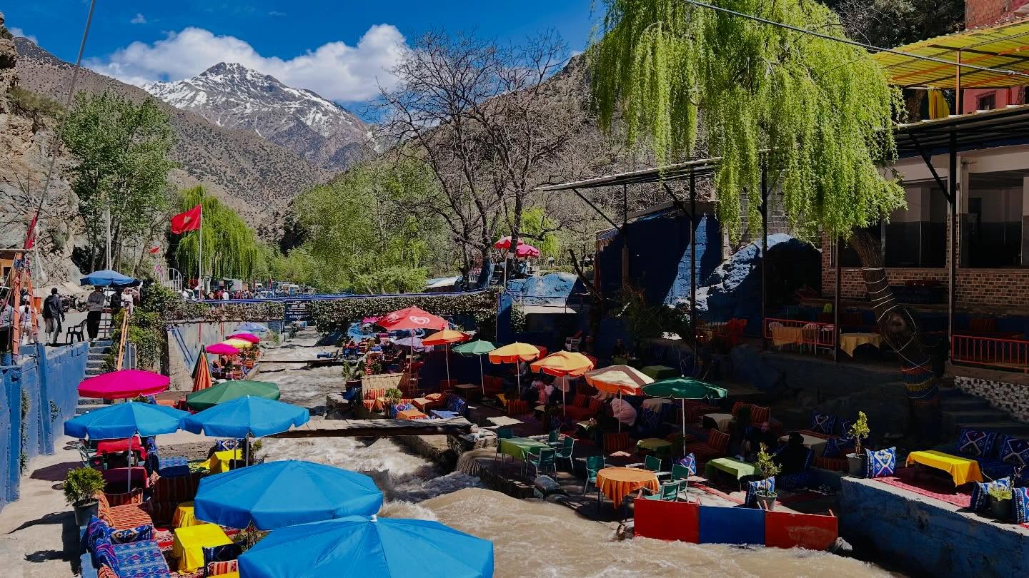 Lush Ourika Valley terraced fields and river Morocco