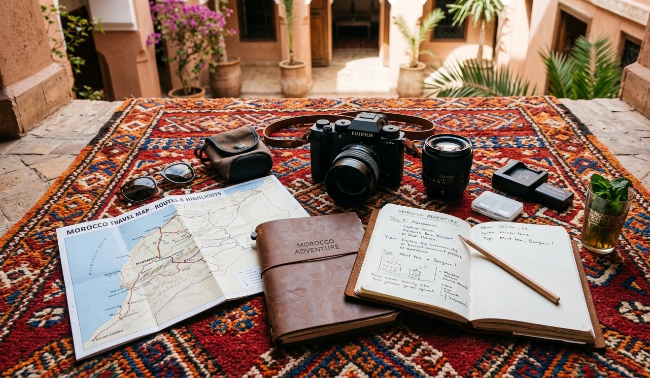Matériel photo disposé sur un tapis marocain avec une carte et un carnet