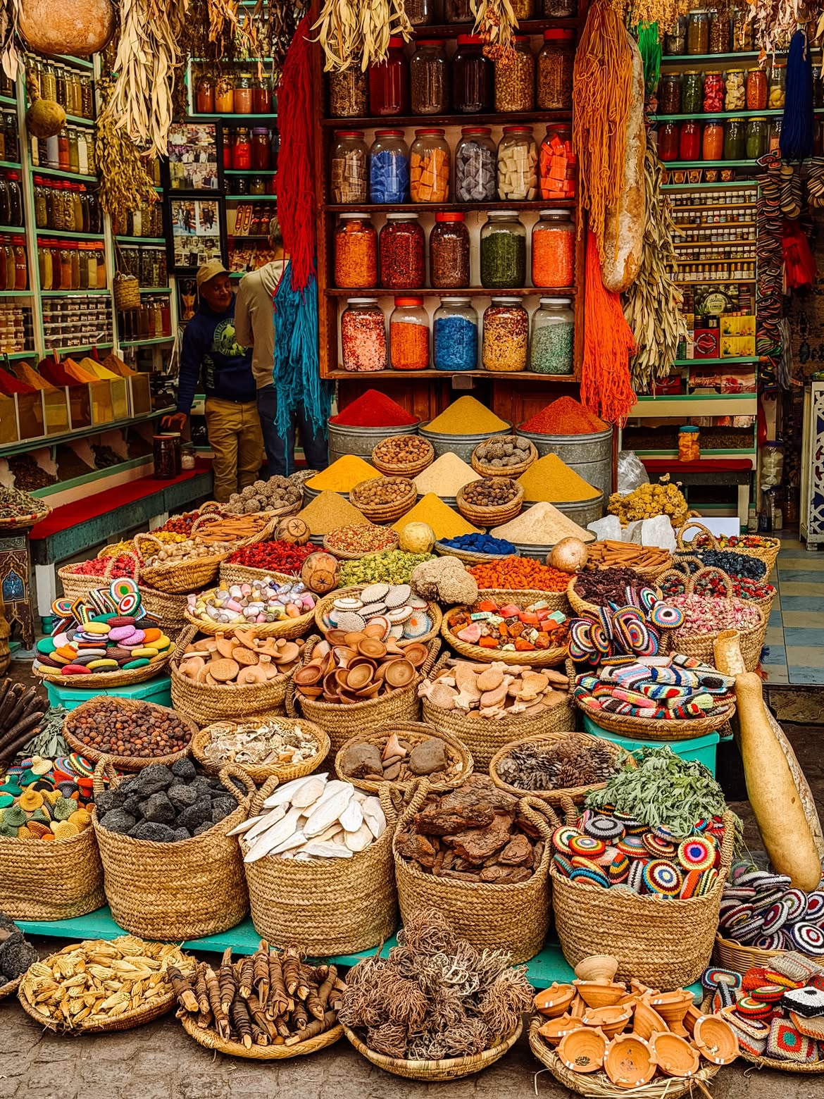 Colorful Moroccan market stalls in a medina souk
