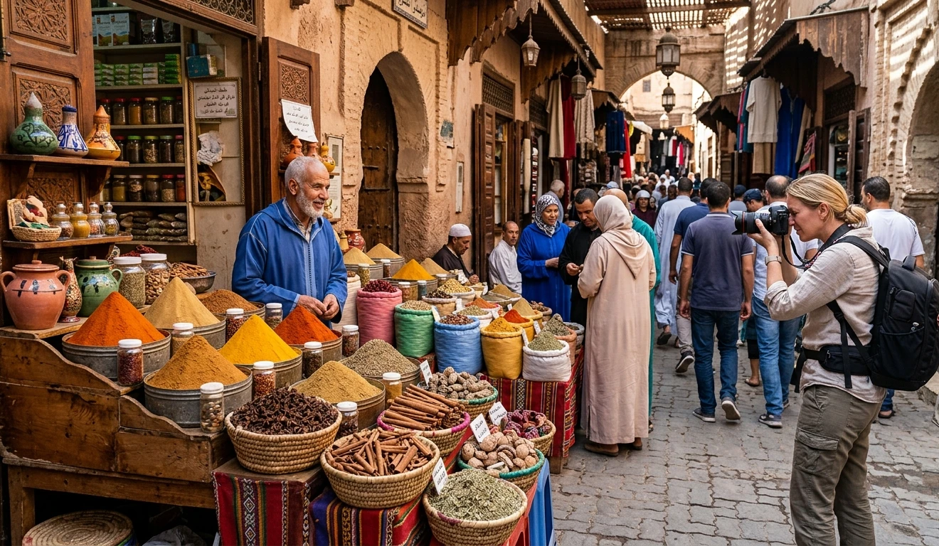 Étal d’épices colorés dans une médina marocaine avec un photographe en arrière-plan