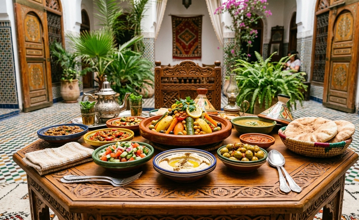Colourful Moroccan vegetarian dishes on a traditional table