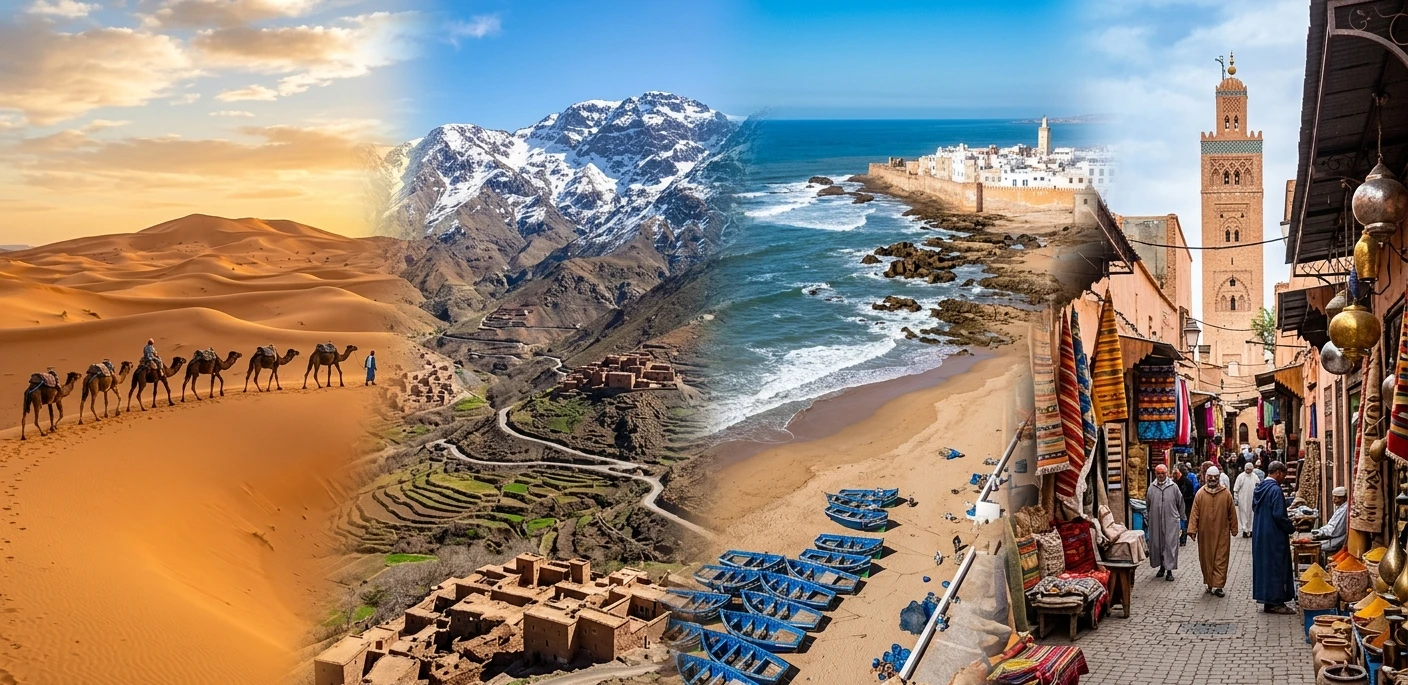 Diverse Moroccan landscapes: Sahara dunes, Atlas Mountains, Atlantic coast, and medina streets