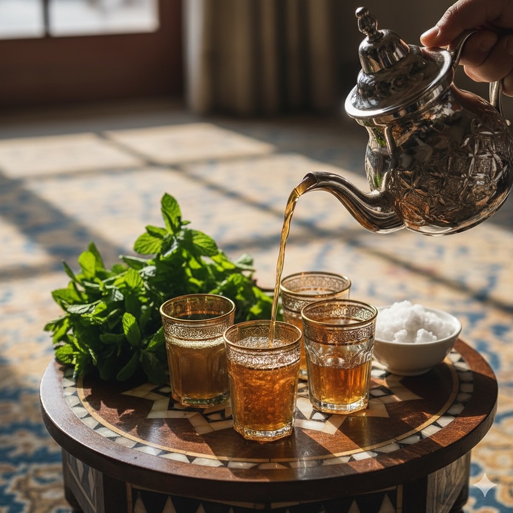 Colorful Moroccan food spread — tagine, couscous, mint tea