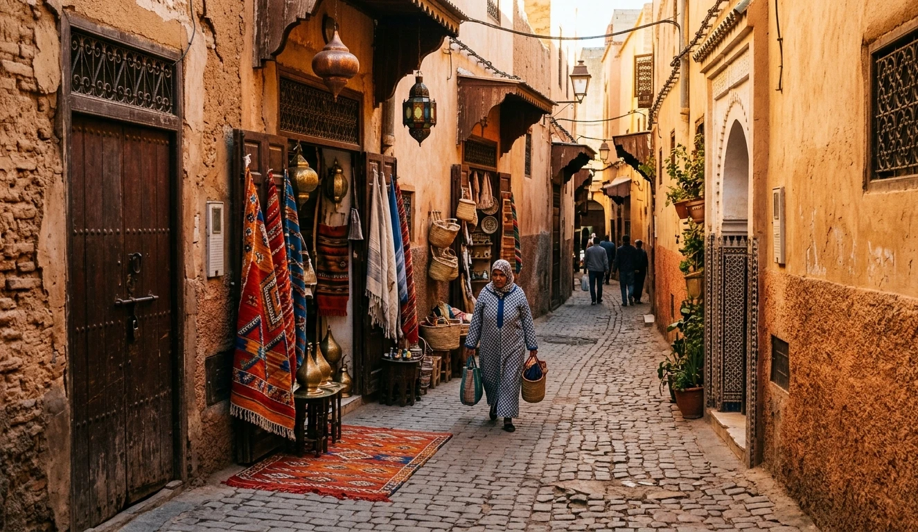 Ruelle étroite dans une médina marocaine avec une lumière chaude d’après-midi