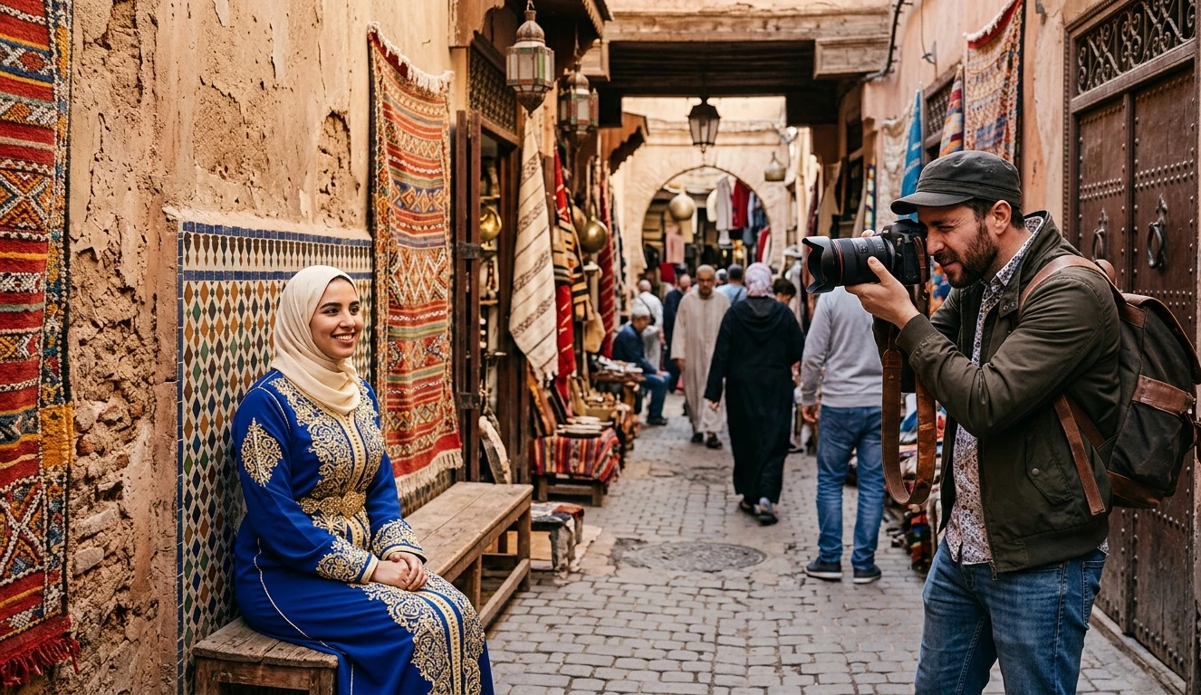 Photographe capturant un portrait dans une ruelle de médina marocaine
