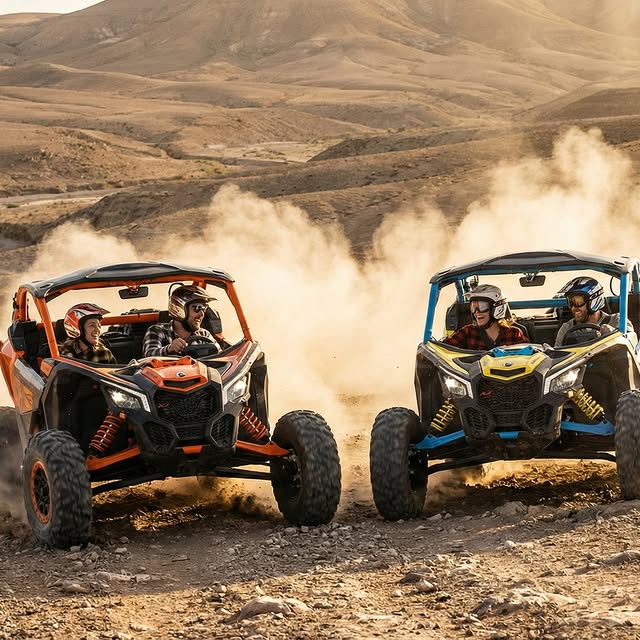 Quad biking in Agafay desert on rugged rocky terrain near Marrakech