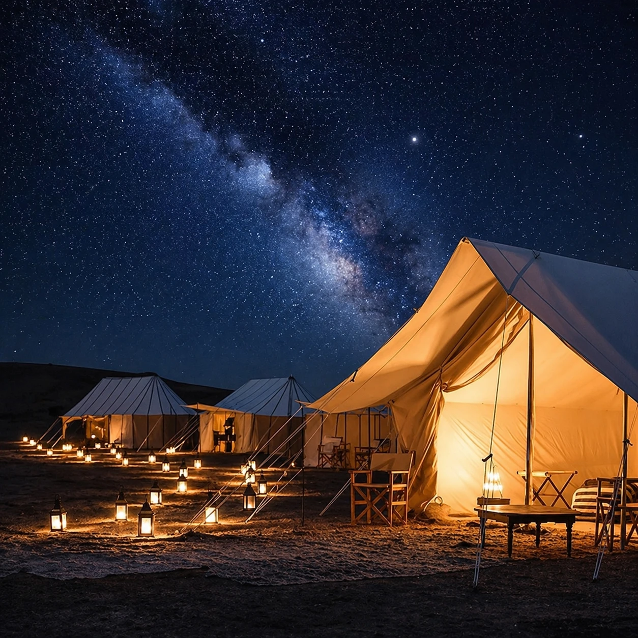 Stargazing in Agafay desert with the Milky Way visible above a luxury tented camp