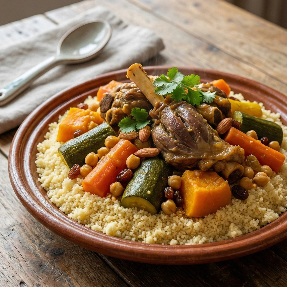 Steaming couscous dish with vegetables and broth