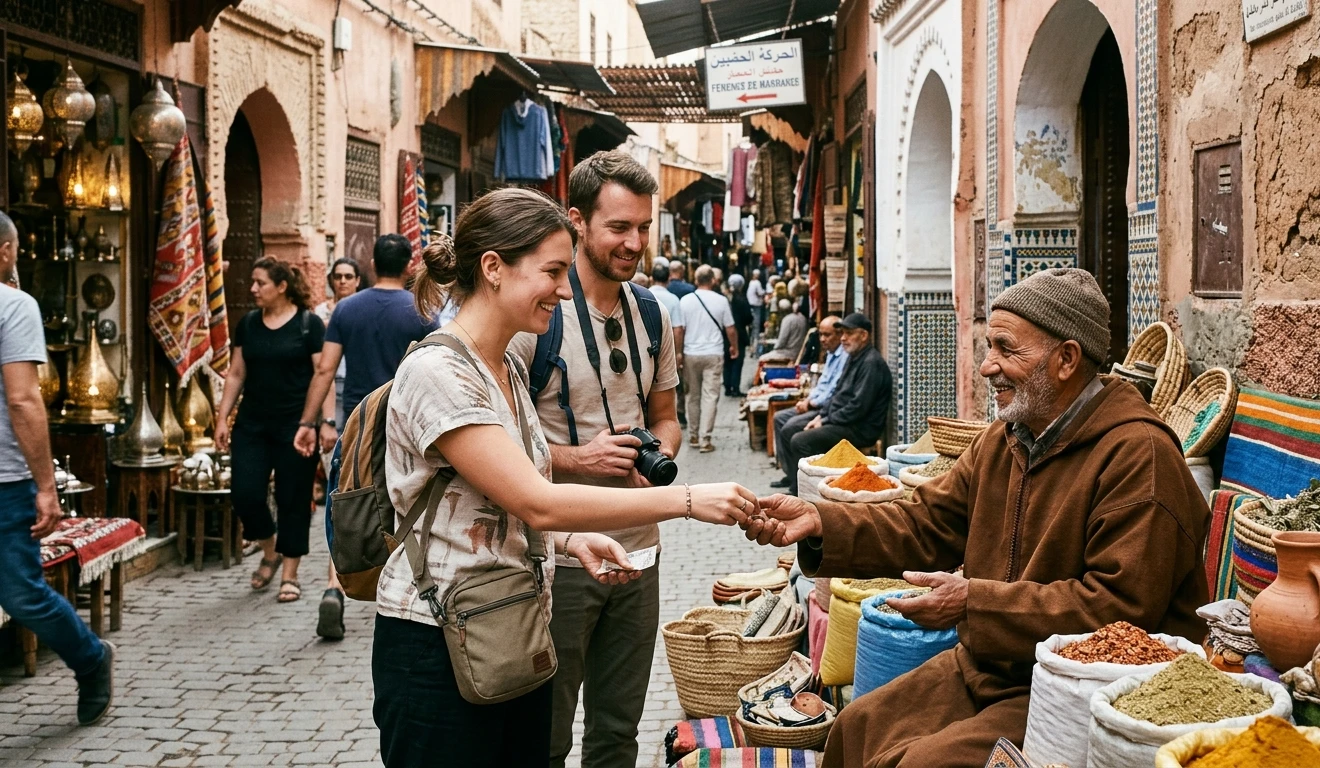 Callejón de una medina marroquí con comerciantes delante de sus tiendas