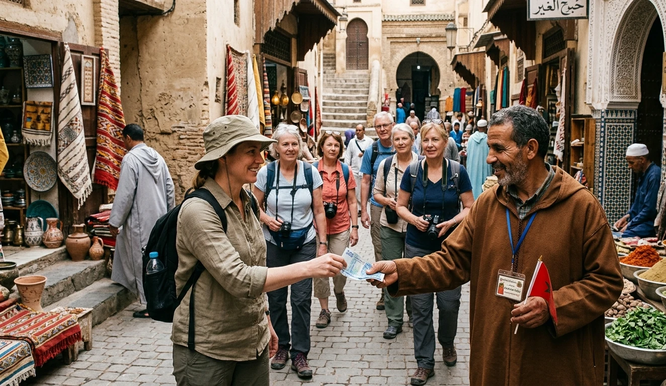 Tour guide leading tourists through the Fez medina – tipping tour guides Morocco
