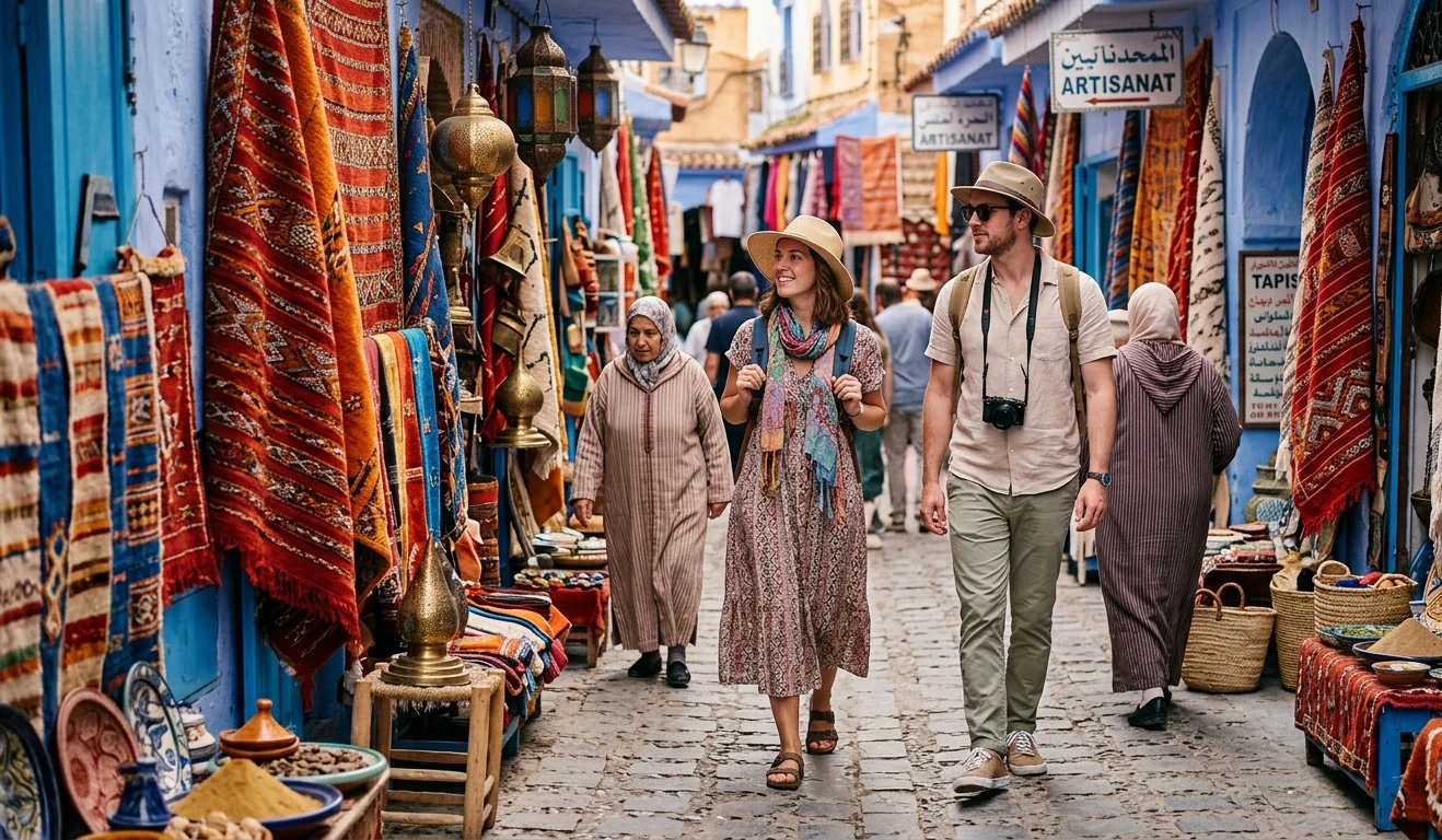 Tourists dressed appropriately exploring a colourful Moroccan medina