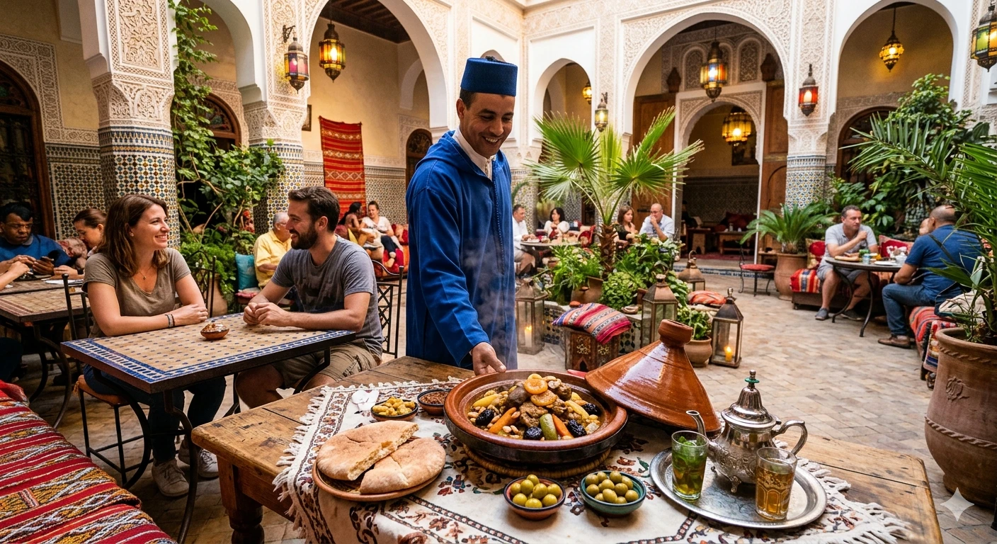 Traditional Moroccan restaurant with tagine dishes – do you tip in restaurants Morocco